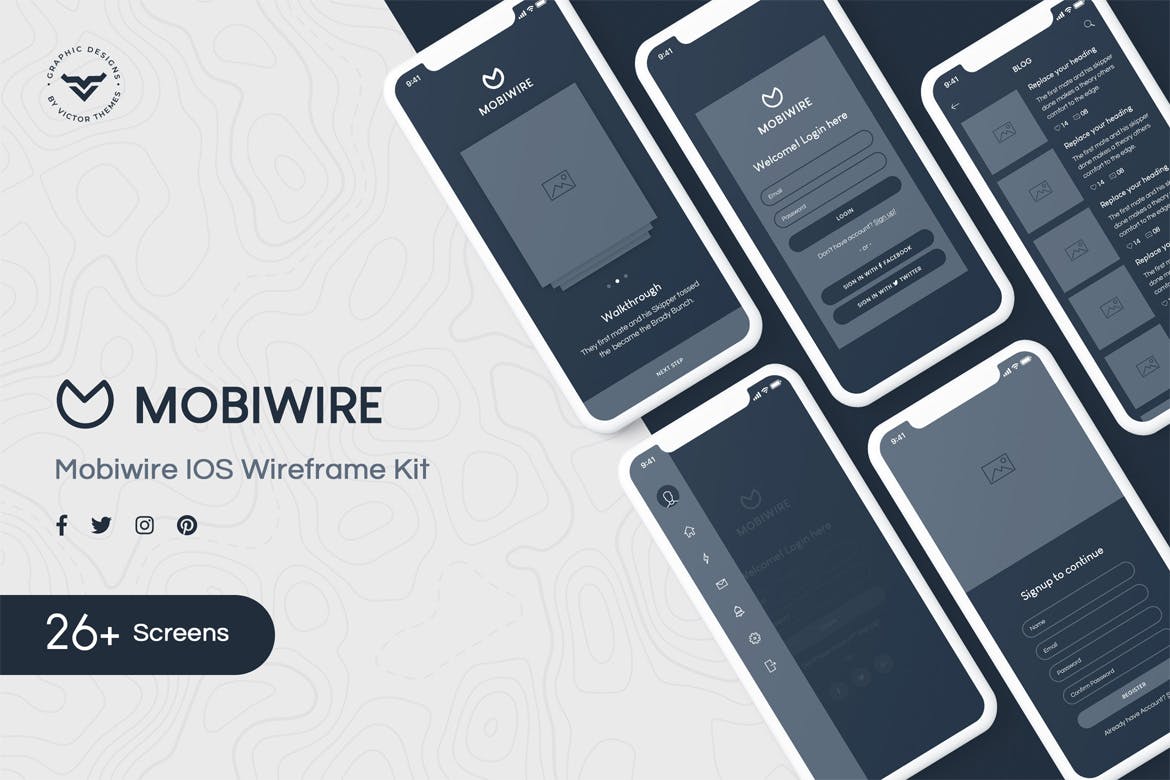 26+移动APP应用UI/UX屏幕界面设计线框图设计套件 MobiWire Mobile Wireframe Kit插图(1)