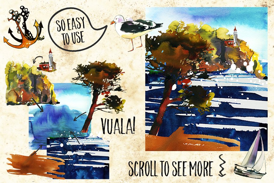 海景水彩场景设计素材包 Watercolor Trees Palms SeaScape Kit.插图(1)