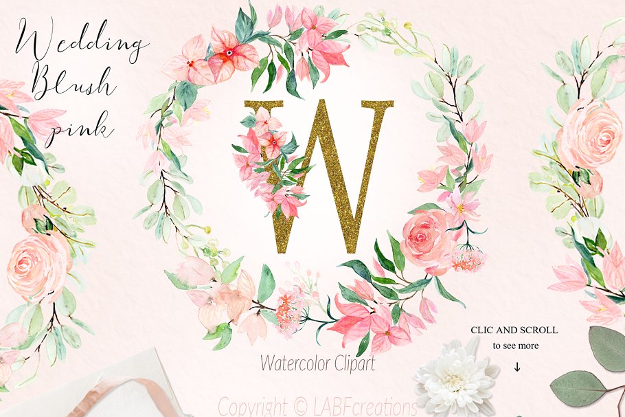 胭脂红水彩花卉元素，花环，花式字母… Blush pink bougainvillea插图(3)