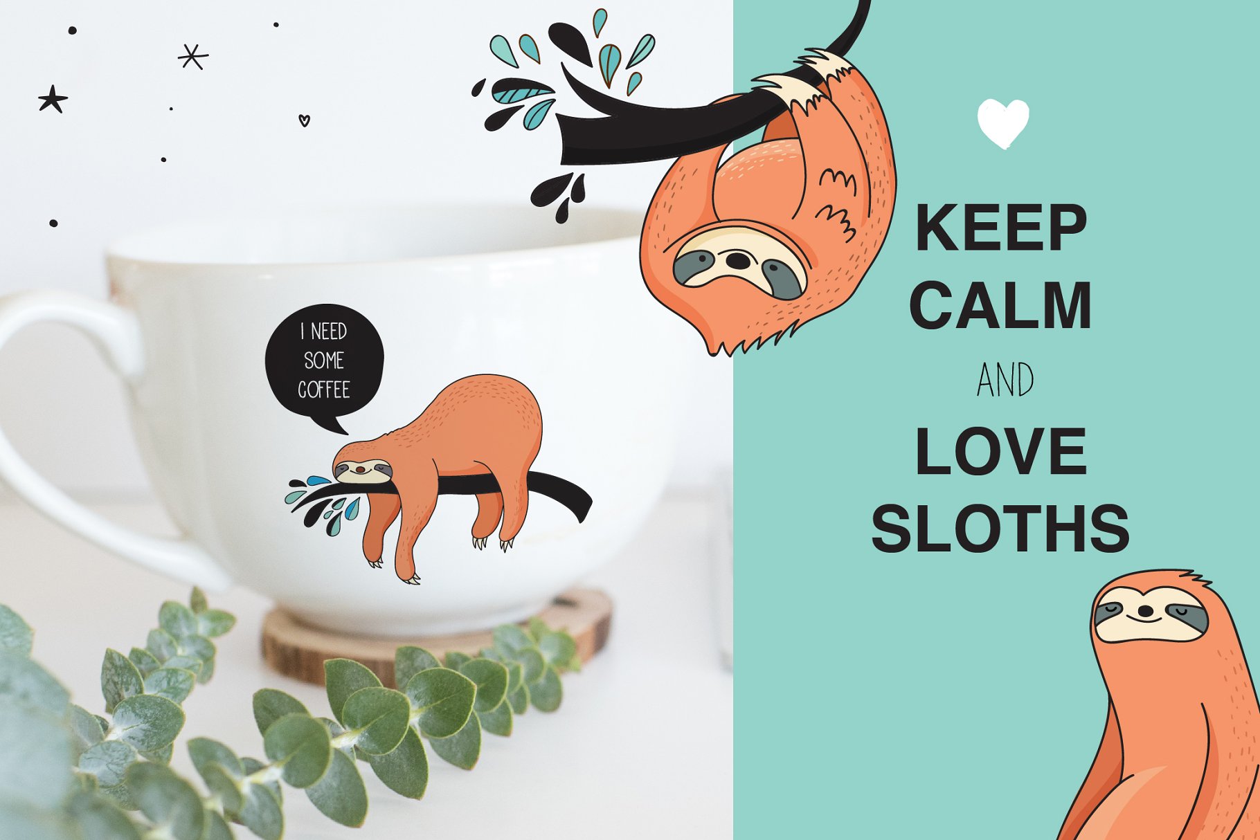 可爱的树懒图标、卡片、图案 Cute sloths icons, cards, patterns插图