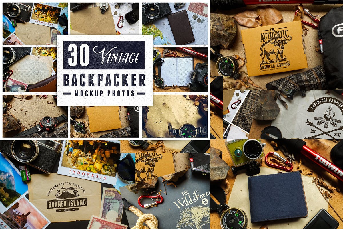 30个复古背包客场景照片 30 Vintage Backpacker Mockup Photos插图