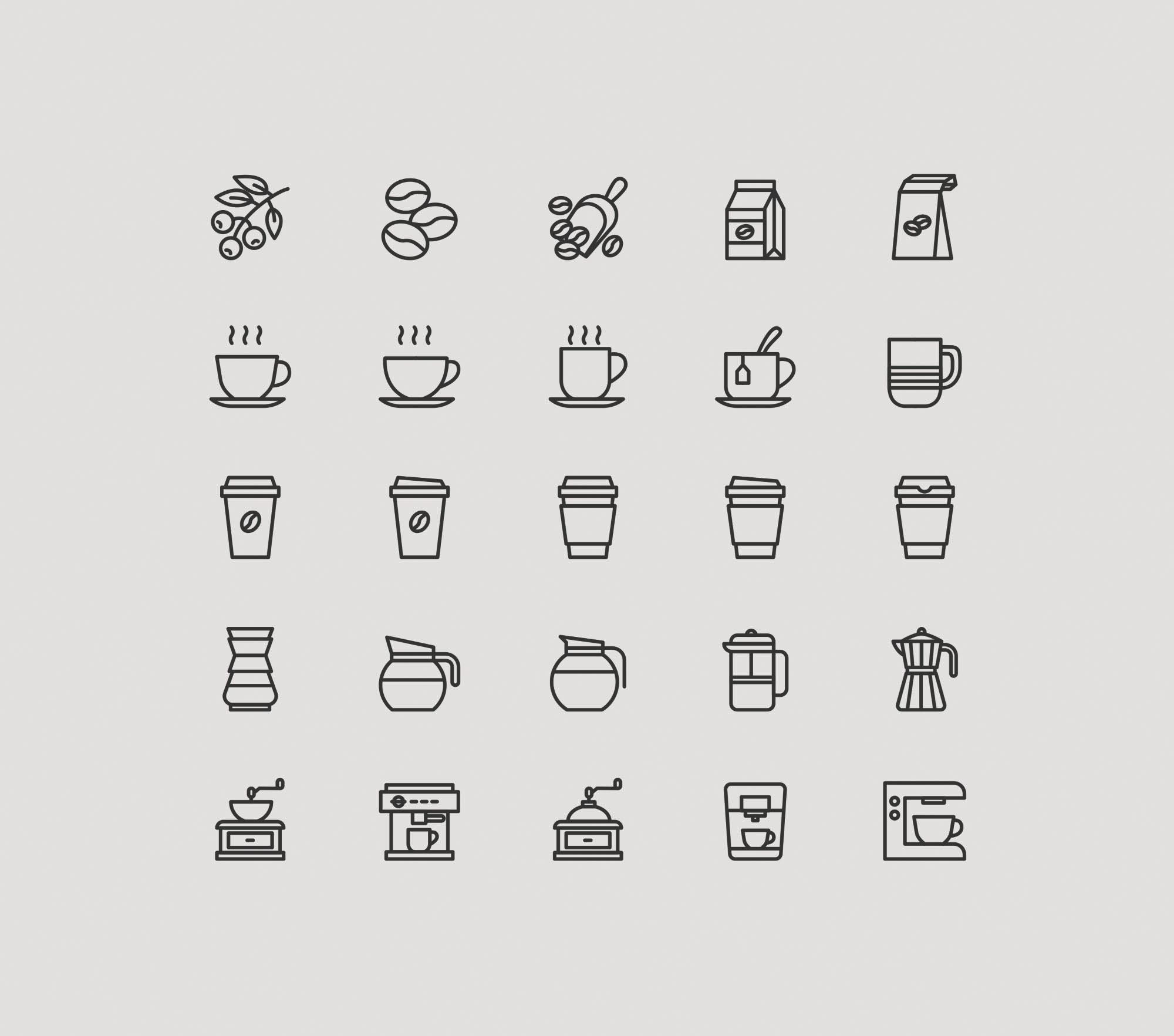 25枚咖啡主题矢量图标素材 25 Coffee Theme Icons – Vector .Ai插图(1)