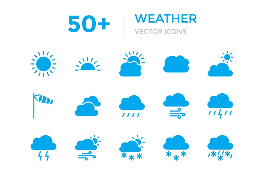50+天气预报主题彩色平面设计图标 50+ Weather Vector Icons插图