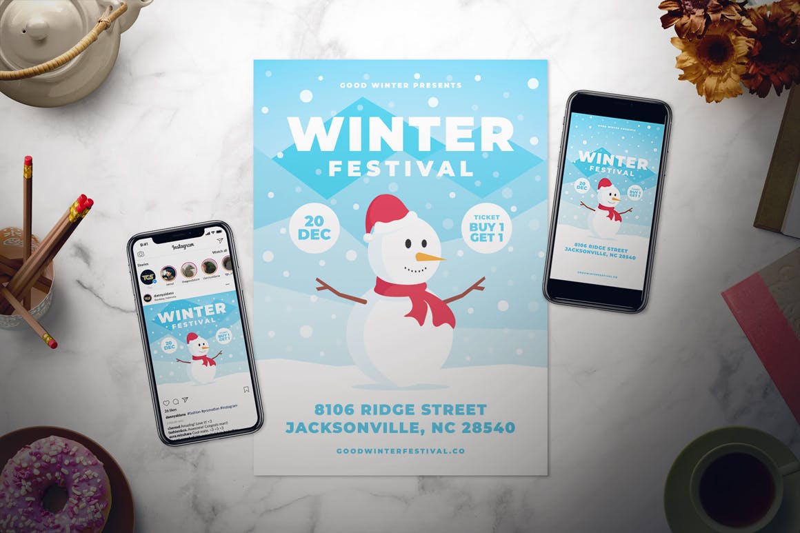 冬季节日活动邀请海报传单设计模板 Winter Festival Flyer Set插图(1)