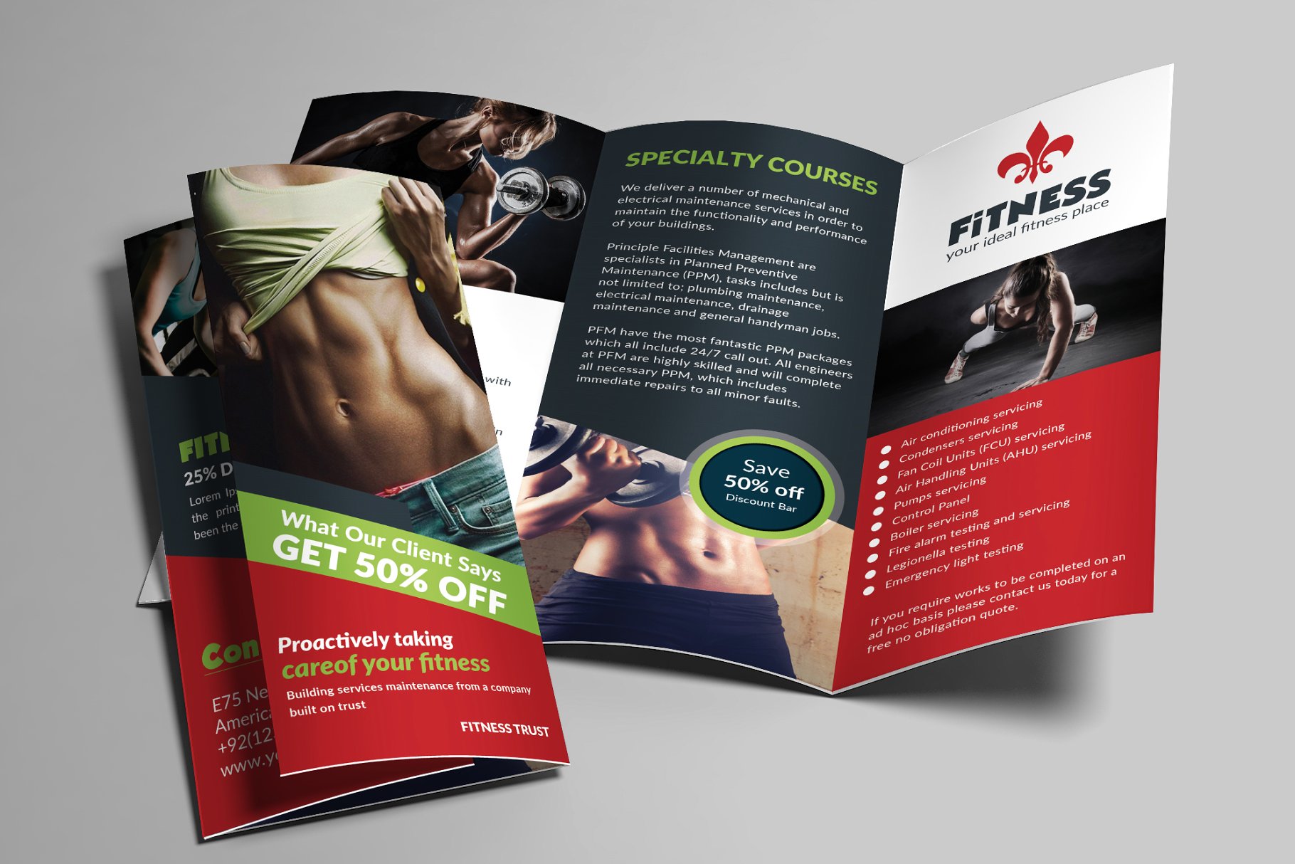 健身俱乐部三折页小册子传单模板 Gym and Fitness trifold Brochures插图