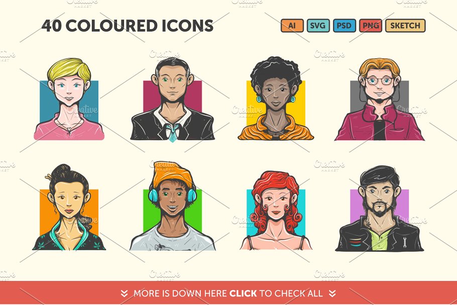 40枚手绘头像图标 Hand Drawn Avatar Icons插图(3)