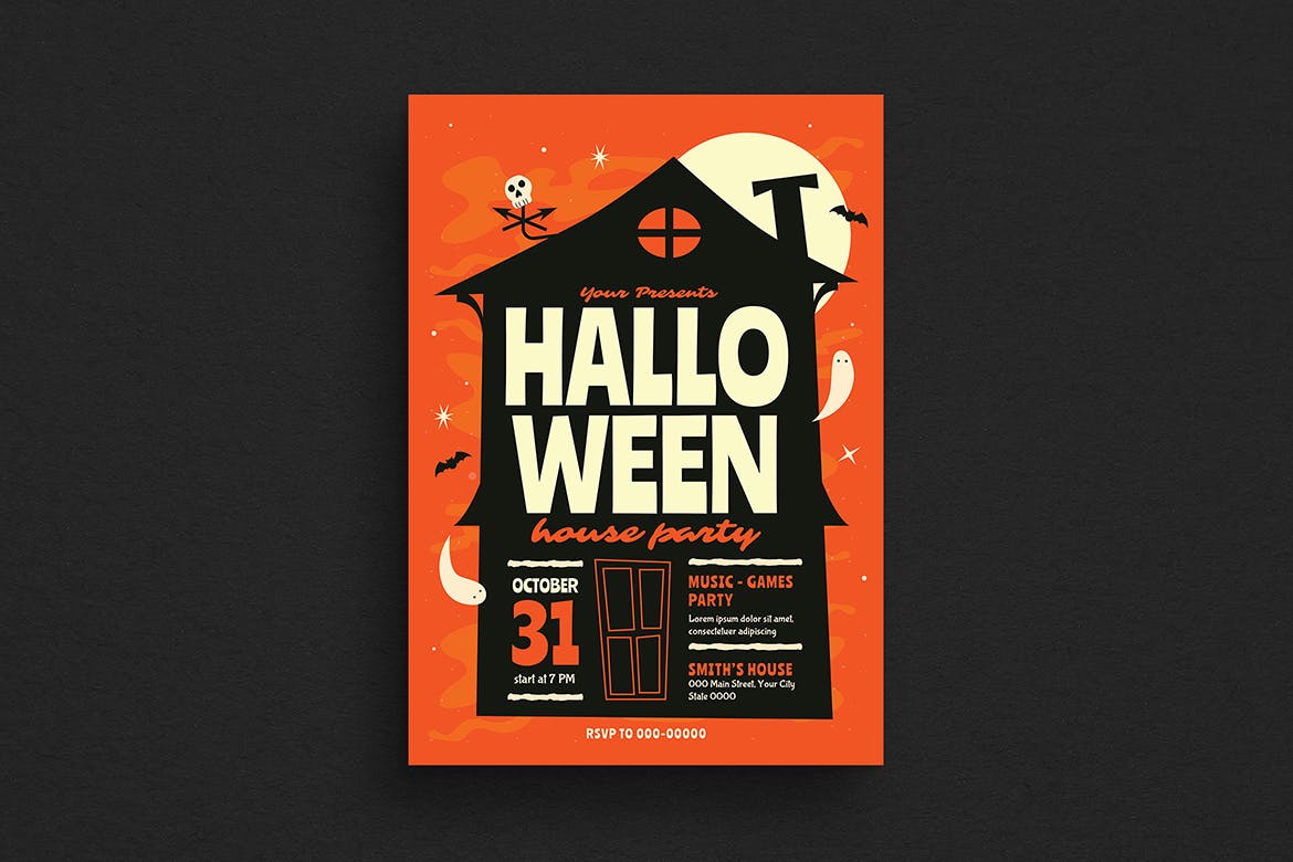 万圣节鬼屋派对活动海报设计模板 Halloween House Party Event Flyer插图(1)
