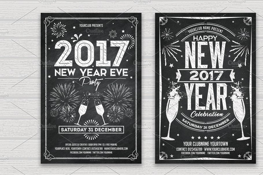 圣诞＆新年派对宣传活动粉笔黑板画模板 Christmas & New Year Chalk Flyer Set插图(2)
