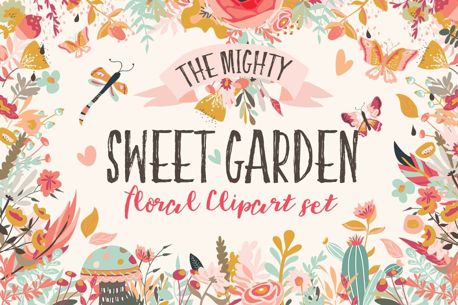 甜蜜花园水彩花卉设计元素集 Sweet Garden Floral Clipart Bundle插图