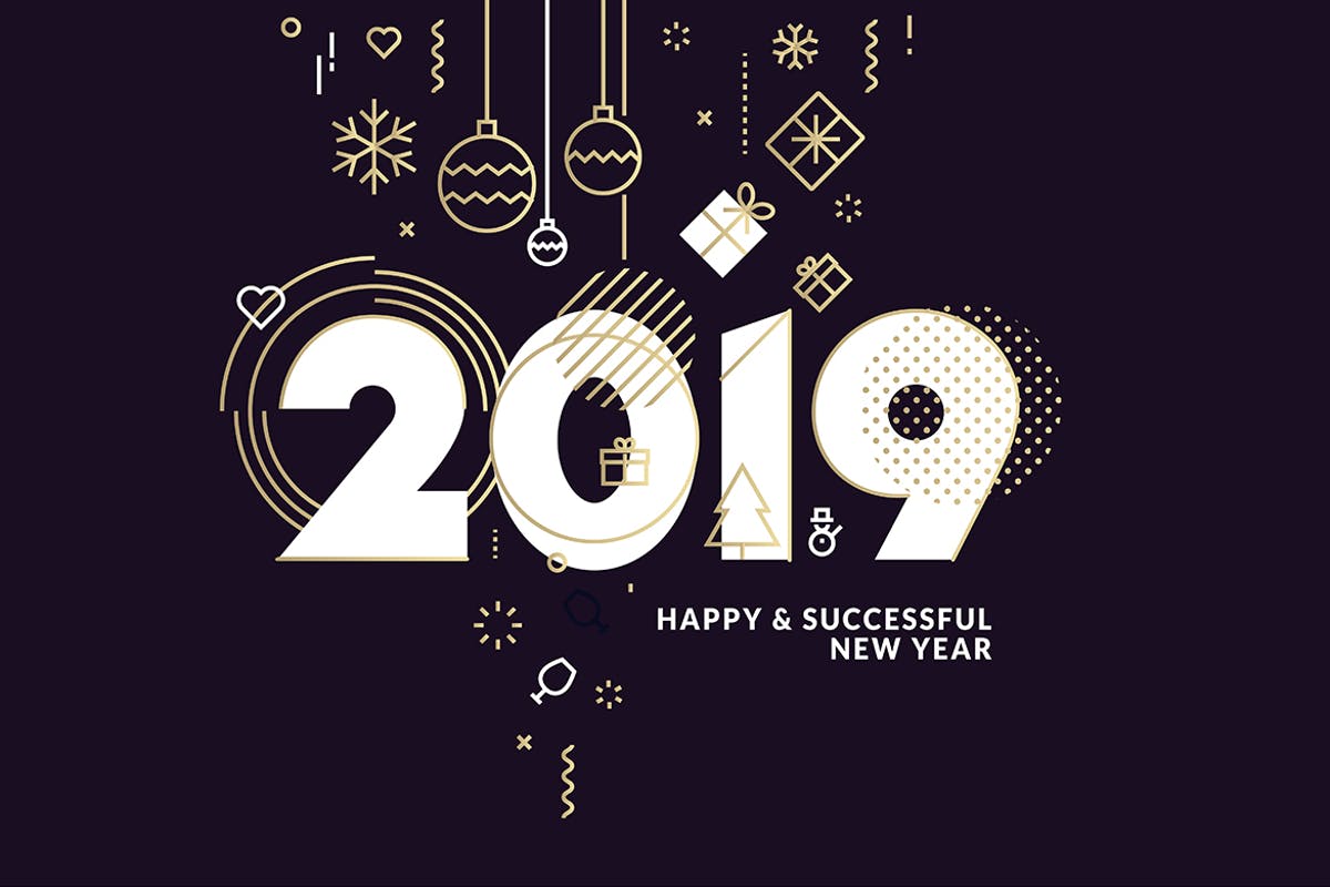 2019年数字新年贺卡设计模板[深色背景版本] Business Happy New Year 2019 Greeting Card插图