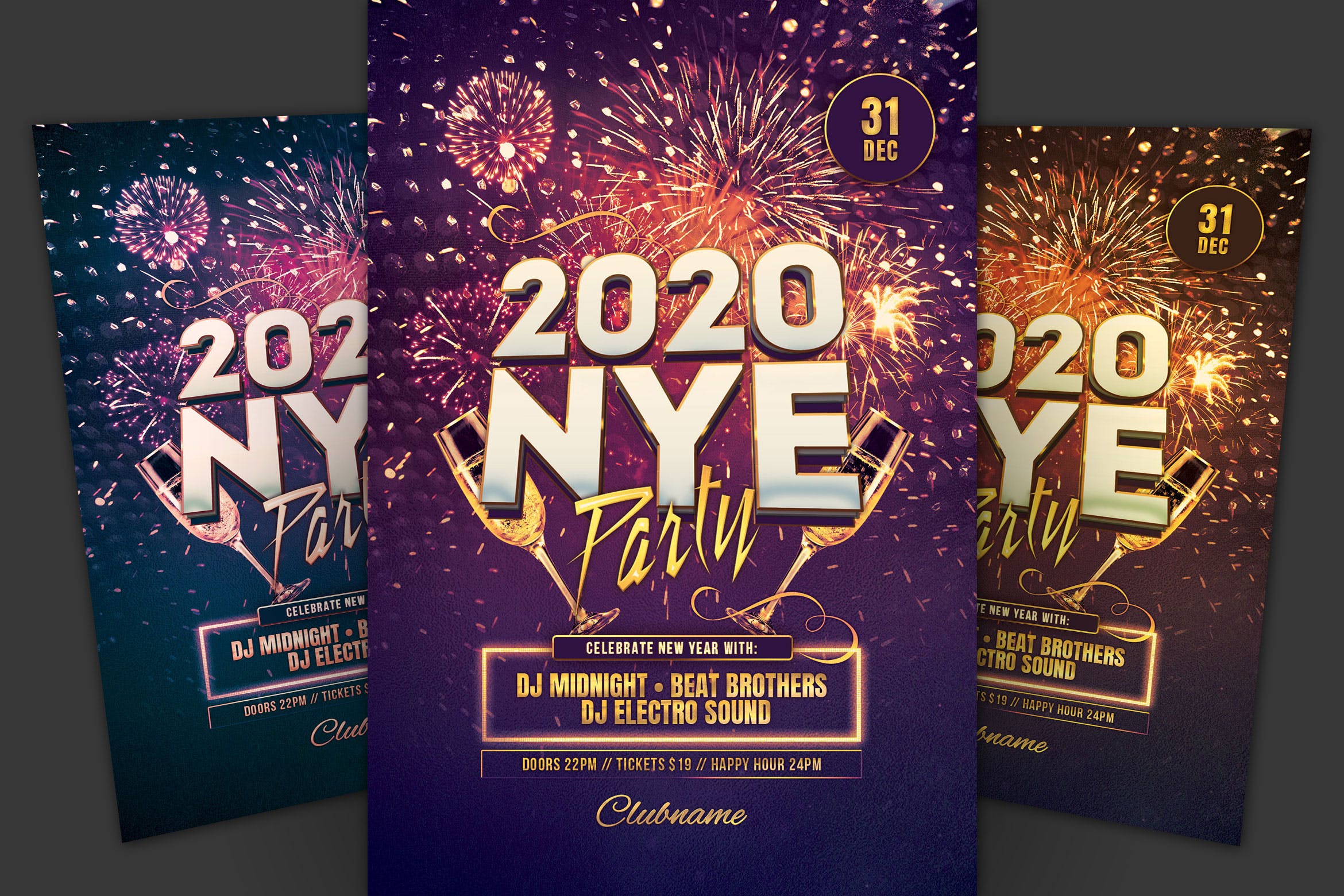 火树银花焰火背景2020新年倒数活动海报传单模板 New Year Flyer插图