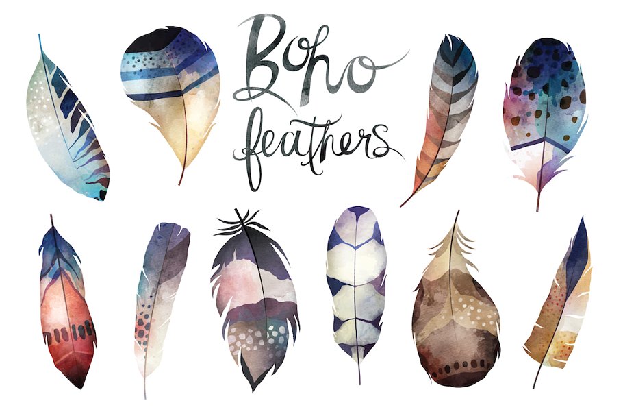 波希米亚部落风格水彩羽毛矢量图形 Watercolor Boho Feathers Vector Set插图