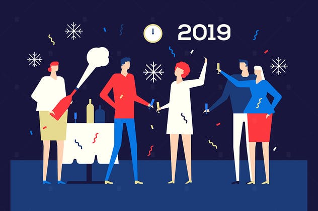 2019新年主题扁平化矢量插画1 Happy new year 2019 – flat design illustration插图(1)