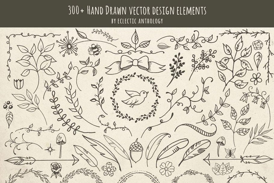 “林地奇想”手绘花纹矢量设计装饰元素 Hand Drawn Vector Design Elements插图(1)
