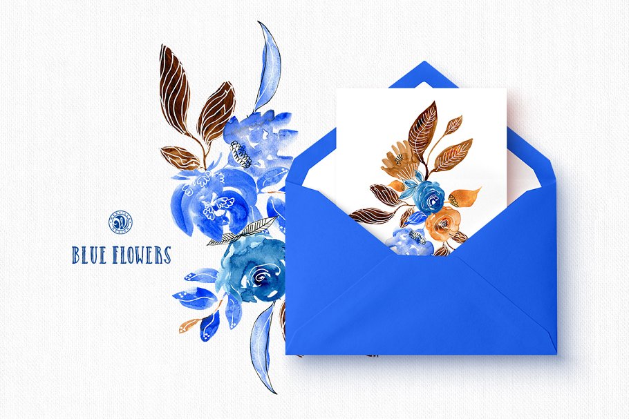 蓝色手绘水彩花卉插画合集 Blue Flowers插图(5)