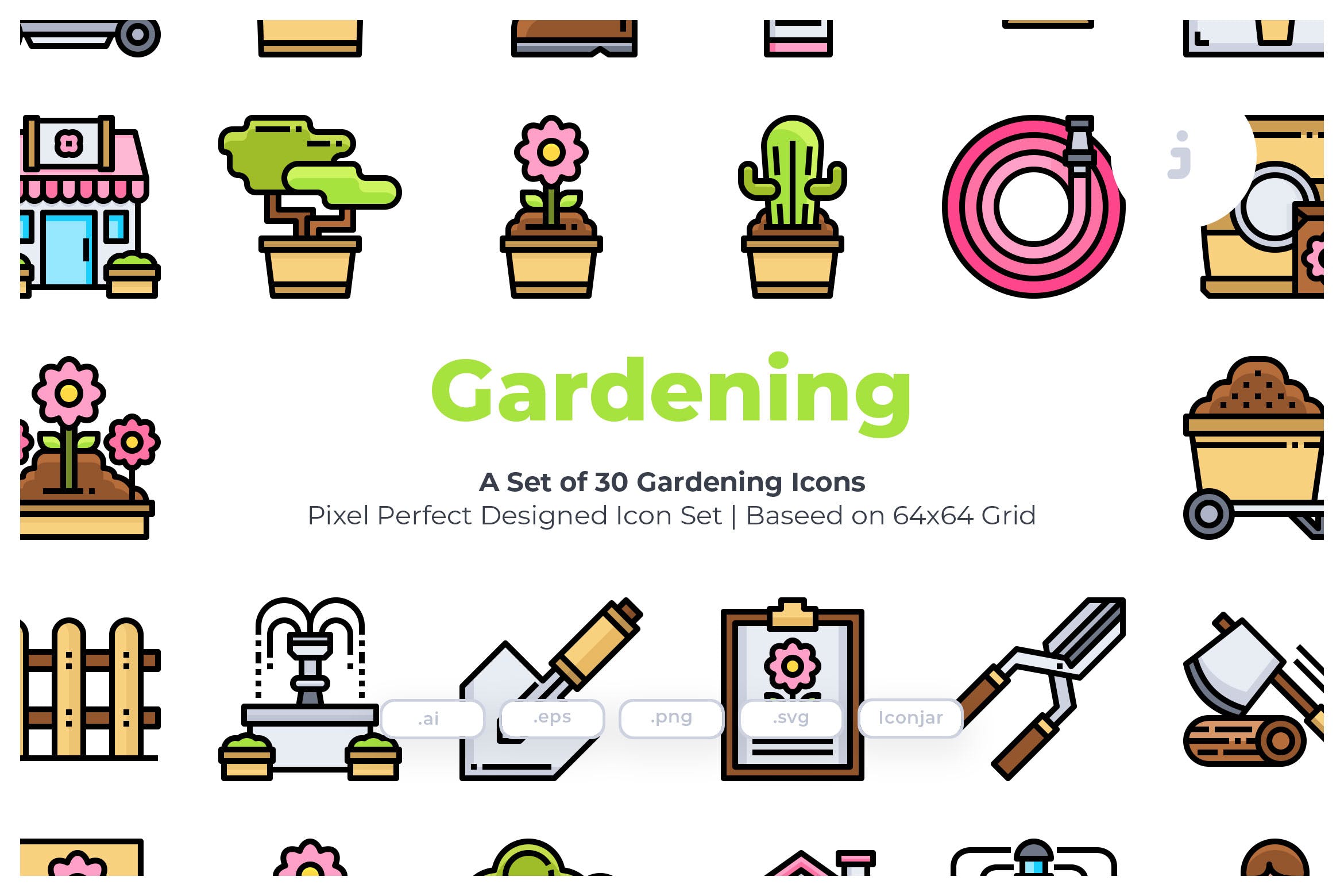 30枚园艺花园主题彩色矢量图标素材 30 Gardening Icons插图