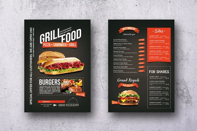 烧烤吧餐厅单页食物菜单设计模板 Grill BBQ Single Page Food Menu – A4 and US Letter插图(1)