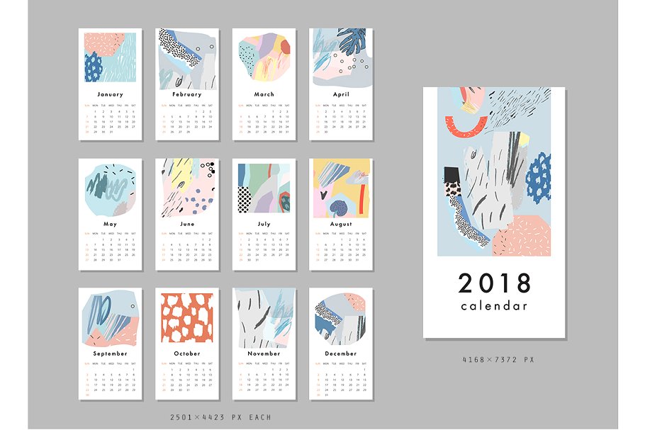 彩色涂鸦印象派日历年历模板 2018 CALENDARS set插图(1)