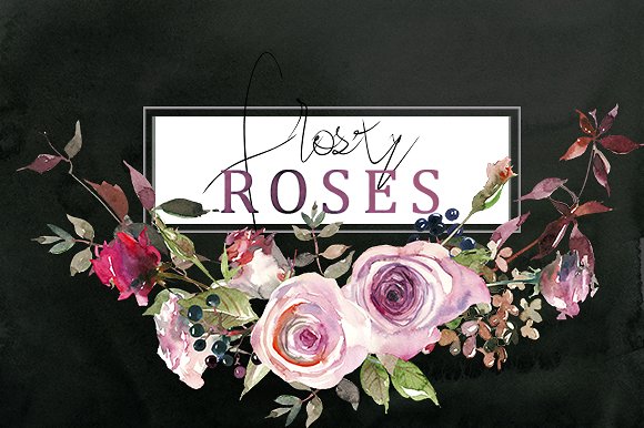 霜白玫瑰花水彩画设计素材 Frosty Roses Watercolor Flowers Set插图(3)