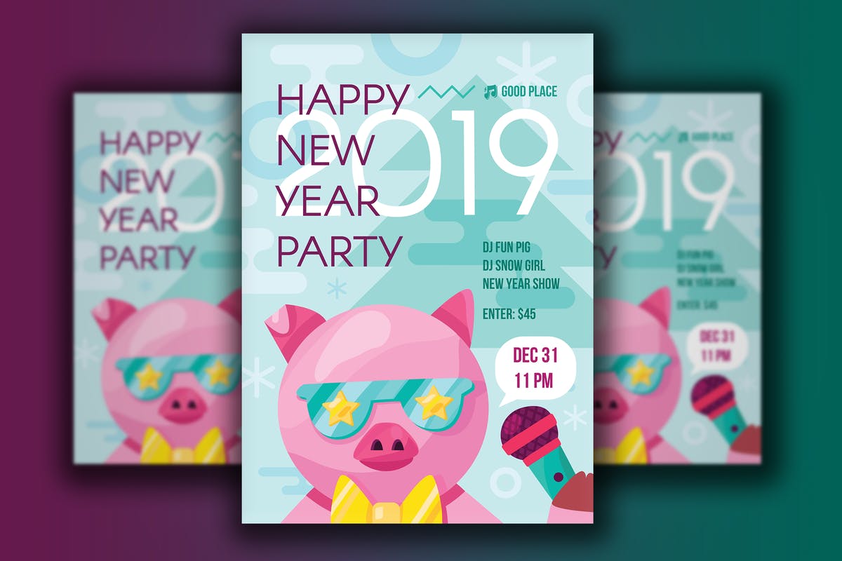 粉色卡通猪生肖形象2019年猪年新年海报设计模板 2019 Happy New Year Poster插图