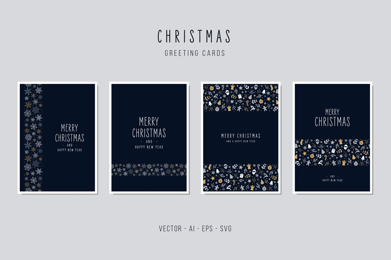 午夜蓝圣诞节装饰元素背景贺卡设计模板 Christmas Greeting Vector Card Set插图