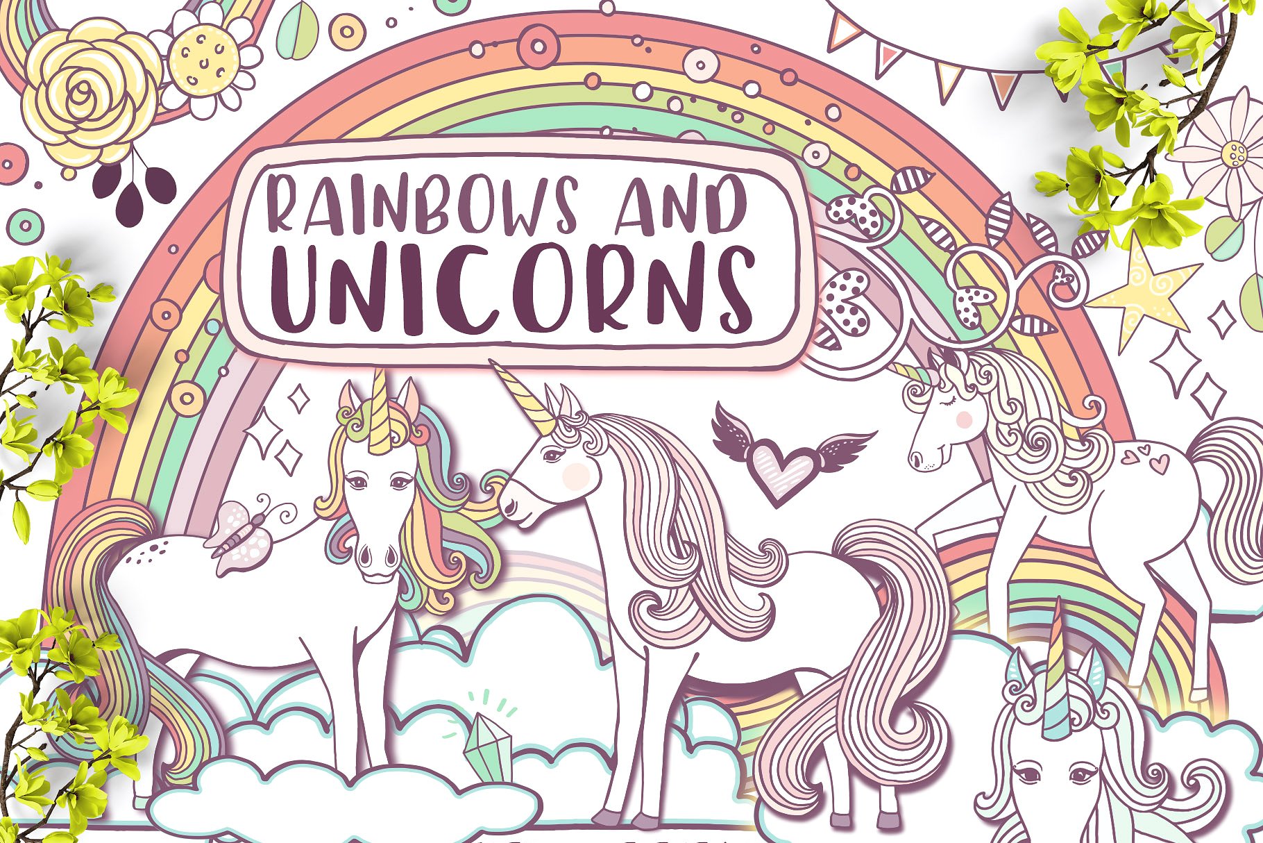 彩虹与独角兽梦幻世界插画元素 Rainbows & Unicorns插图(8)