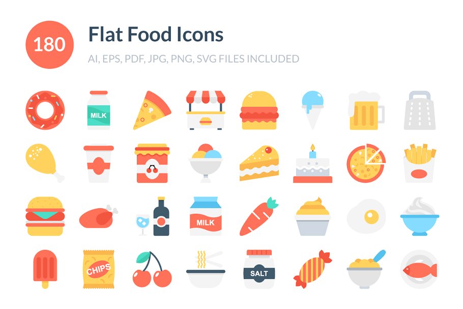 180枚美食食品主题扁平化设计图标下载 180 Flat Food Icons插图