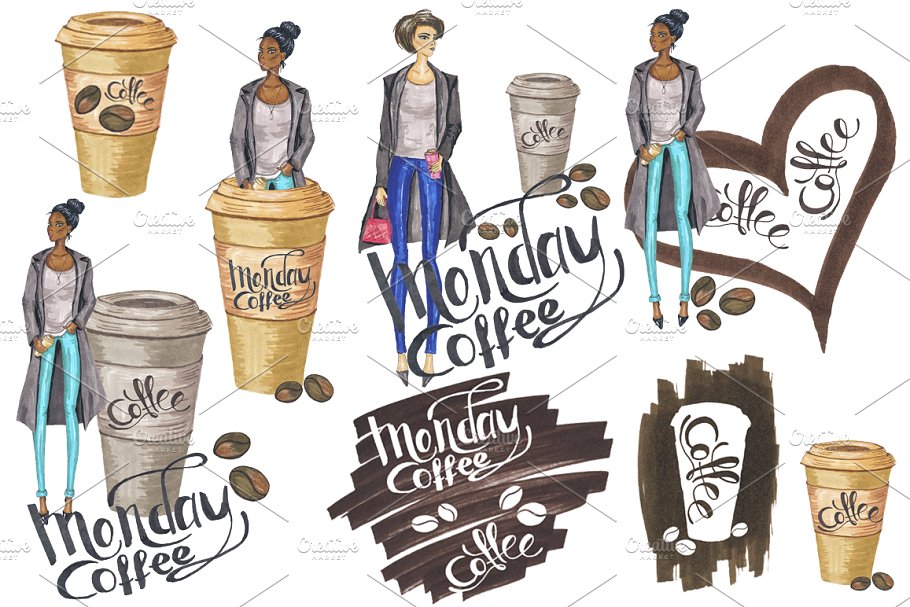星期一咖啡元素手绘剪贴画 Monday Coffee Hand-painted Clipart插图(3)