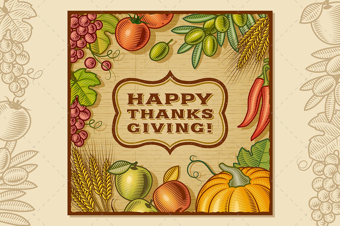 复古风格感恩节贺卡卡片设计模板 Thanksgiving Retro Card插图