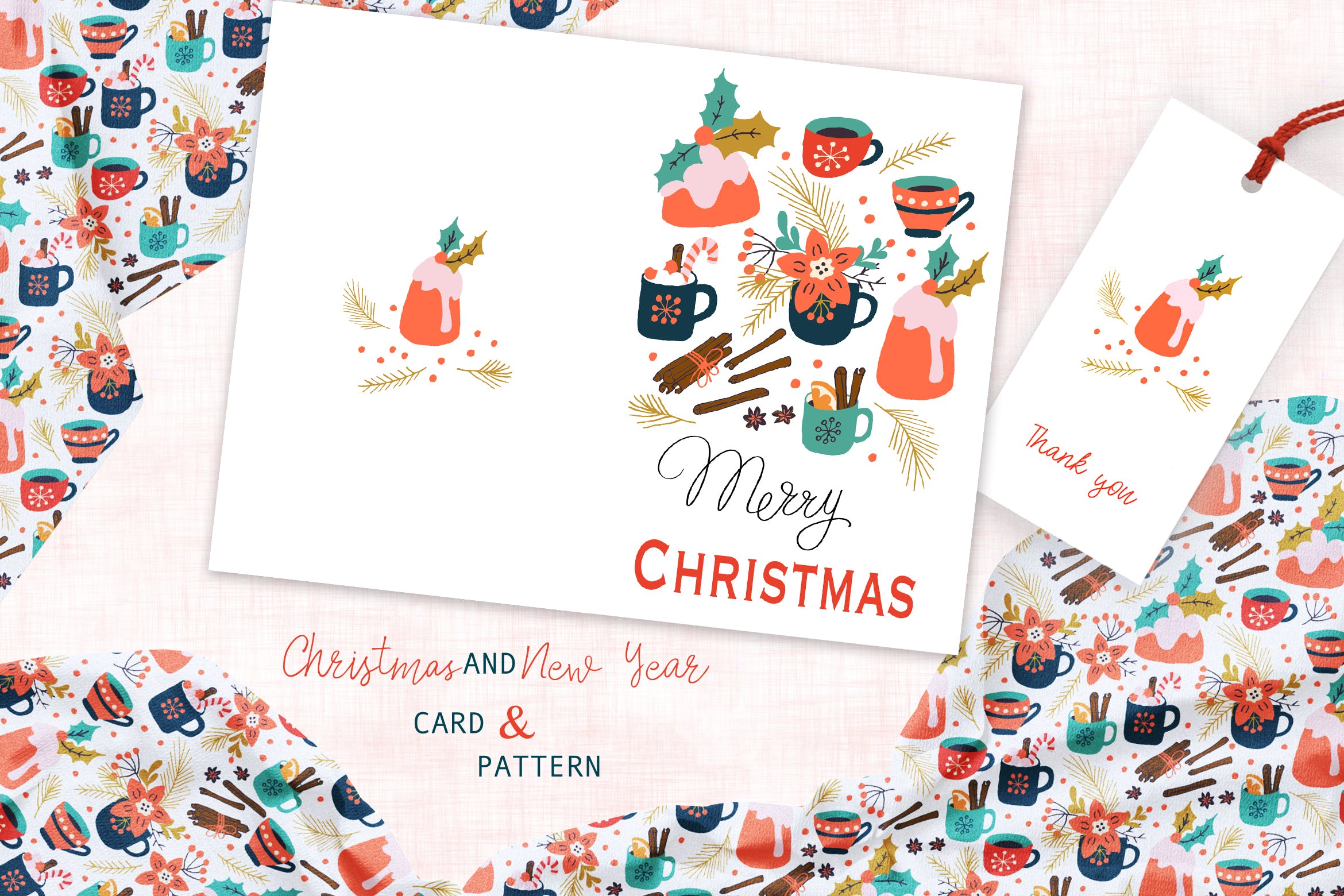 圣诞饮品手绘图案背景素材/贺卡设计模板 Spicy Christmas Greeting Card and Pattern插图