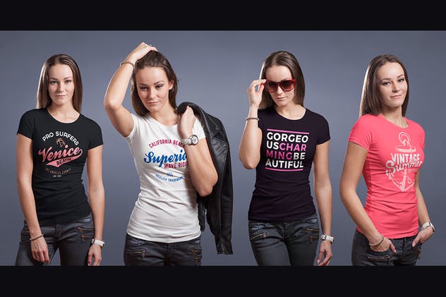 欧美模特上身效果圆形T恤服装样机模板 Crew Neck T-shirt Mock-up Female Version插图(10)