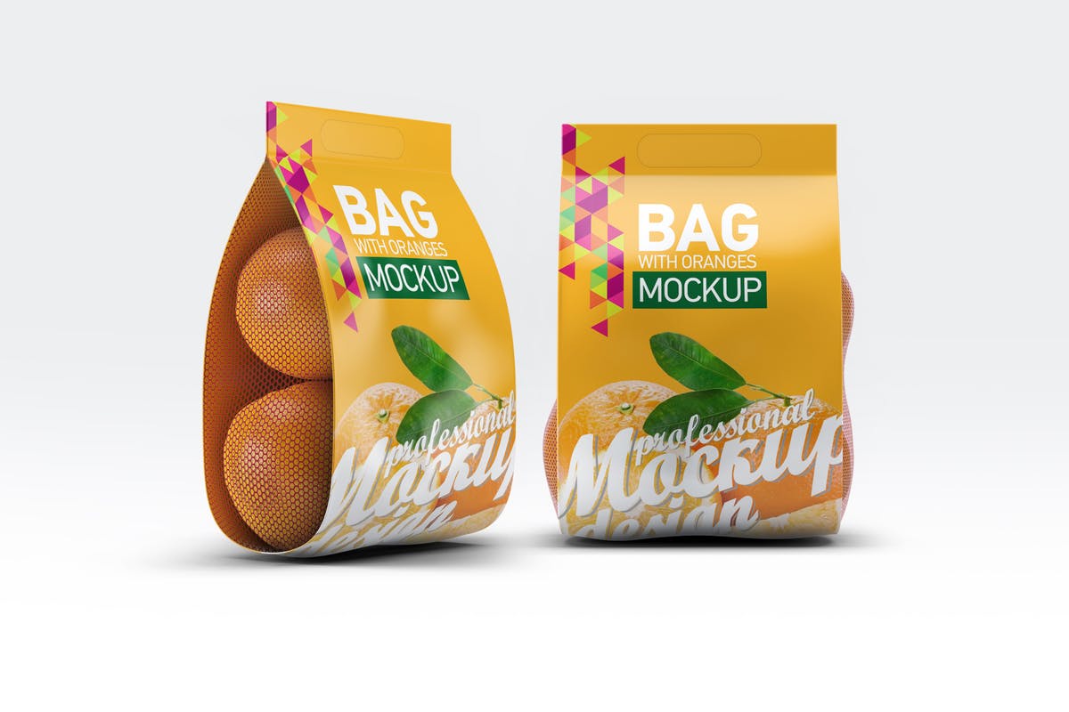 柑橘水果包装样机展示模板 Bag with Oranges Mockup插图