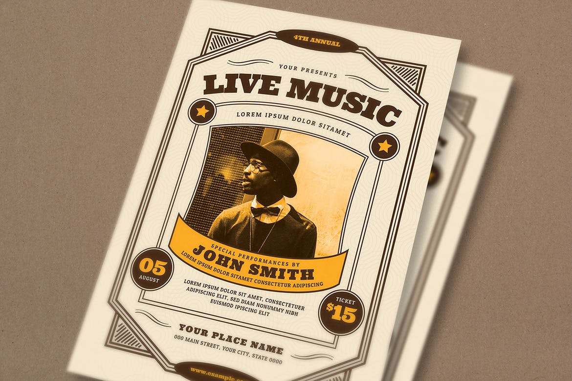 复古风格音乐演出活动海报传单设计模板 Vintage Live Music Event Flyer插图(2)