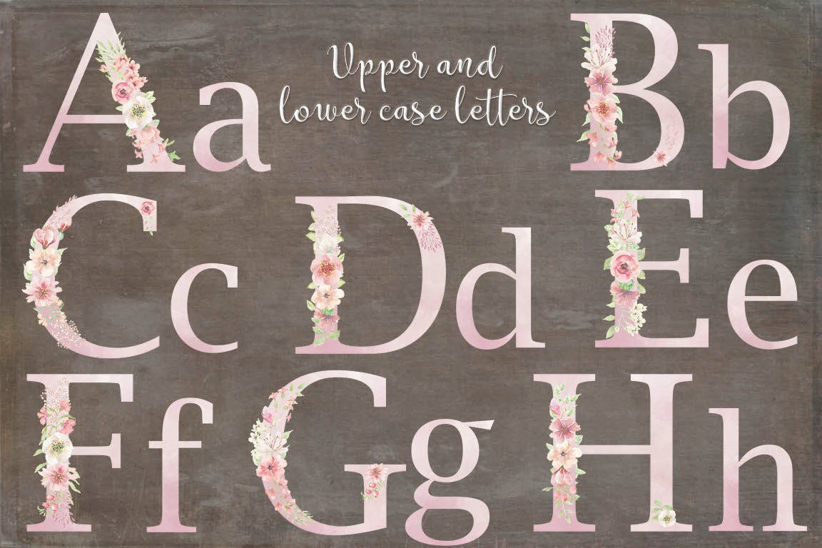 粉色水彩花卉字母和数字设计艺术字剪贴画PNG素材 Pink Watercolor Floral Letters and Numbers插图(1)