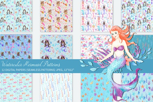 水彩手绘美人鱼图案纸张背景素材 Watercolor Mermaid Digital Paper插图(1)