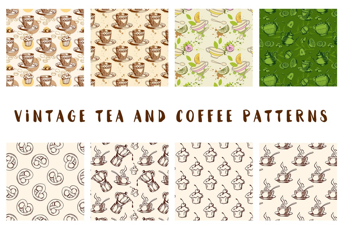 复古茗茶和咖啡主题手绘印花图案 Vintage Tea and Coffee Patterns插图