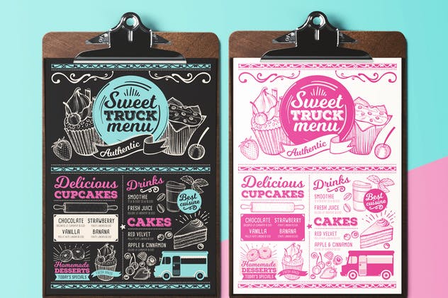 甜品食物面包店粉笔画风格菜单设计模板 Sweet Truck Menu插图(2)