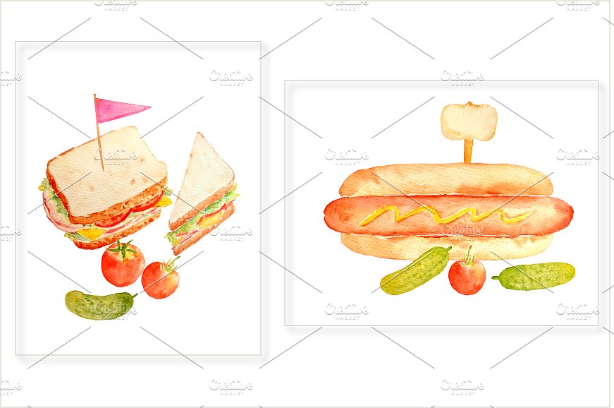 手绘水彩三明治＆汉堡剪贴画 Watercolor Sandwich Burger Hotdog插图(1)