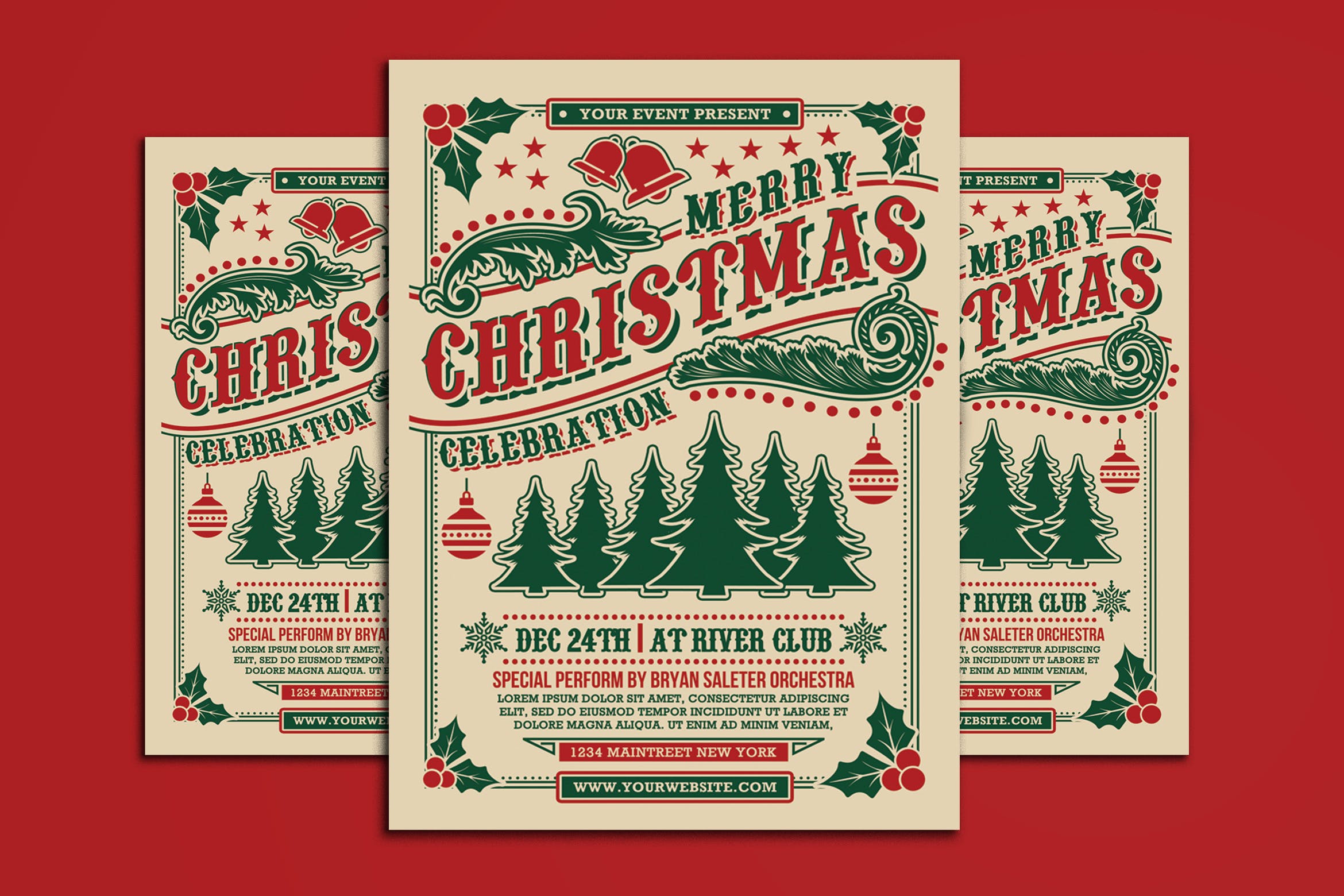 圣诞节庆祝活动复古海报传单设计模板 Christmas Celebration Flyer插图