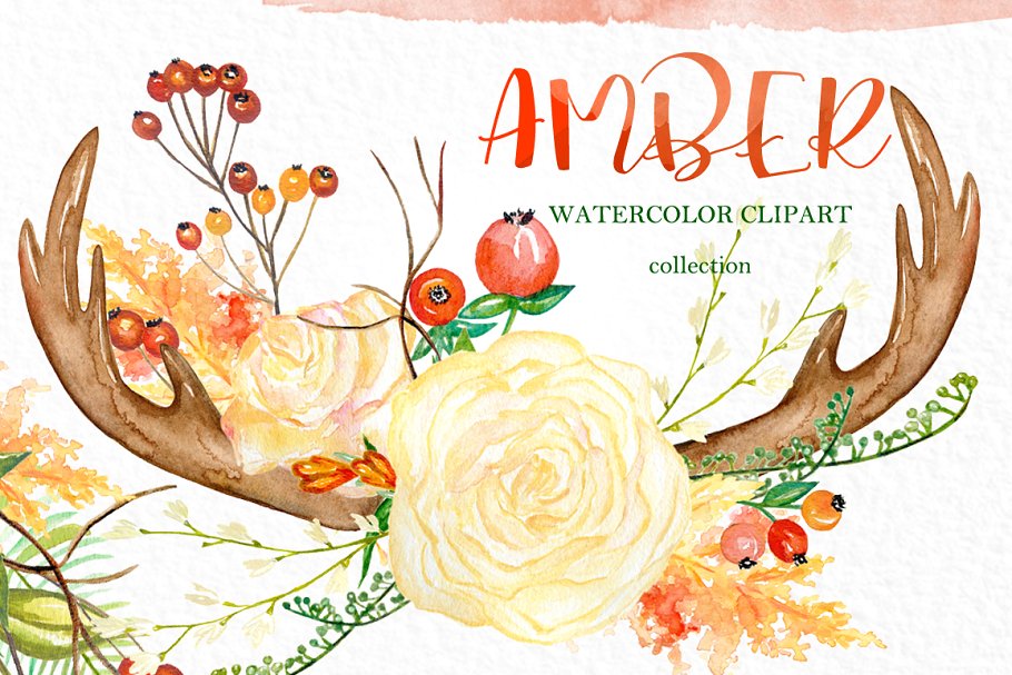 秋天水彩花卉花环剪贴画合集 Amber. Autumn watercolor clipart插图(3)