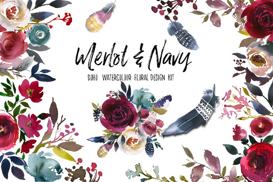 梅洛红&海军蓝水彩花卉设计素材包 Merlot & Navy Boho Floral Design Kit插图(13)