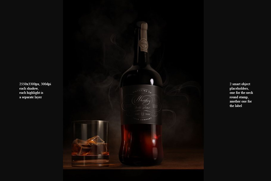 威士忌玻璃酒瓶标签展示模板 Whiskey mock-up, wide dark label插图(1)