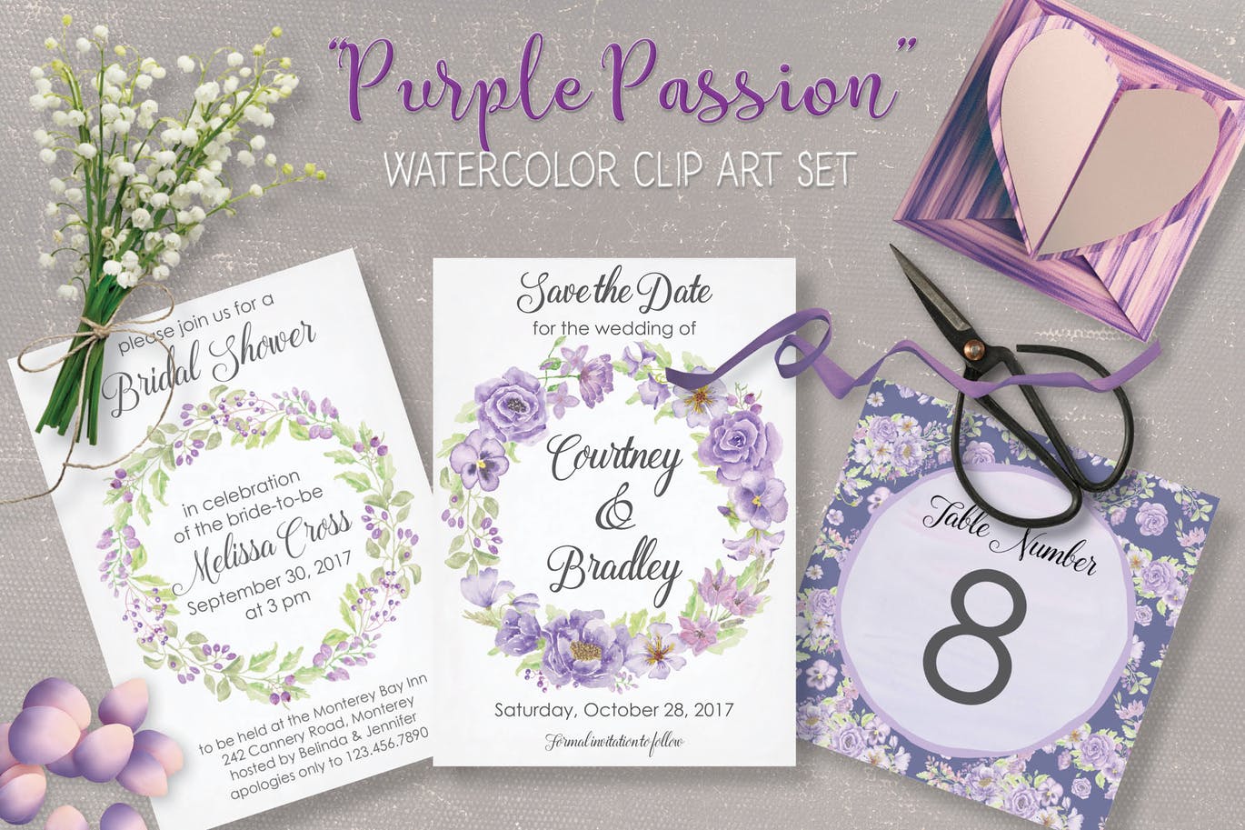 紫色水彩手绘花卉图案剪贴画PNG素材套装 Purple Passion: Watercolor Clip Art Bundle插图