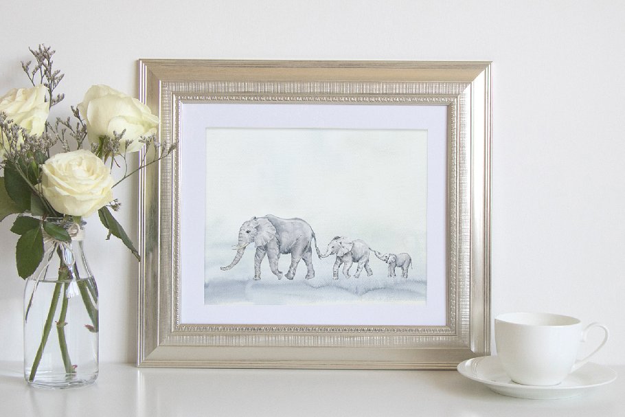 手绘灰白色大象插图 Watercolor Herd of Elephants插图(7)