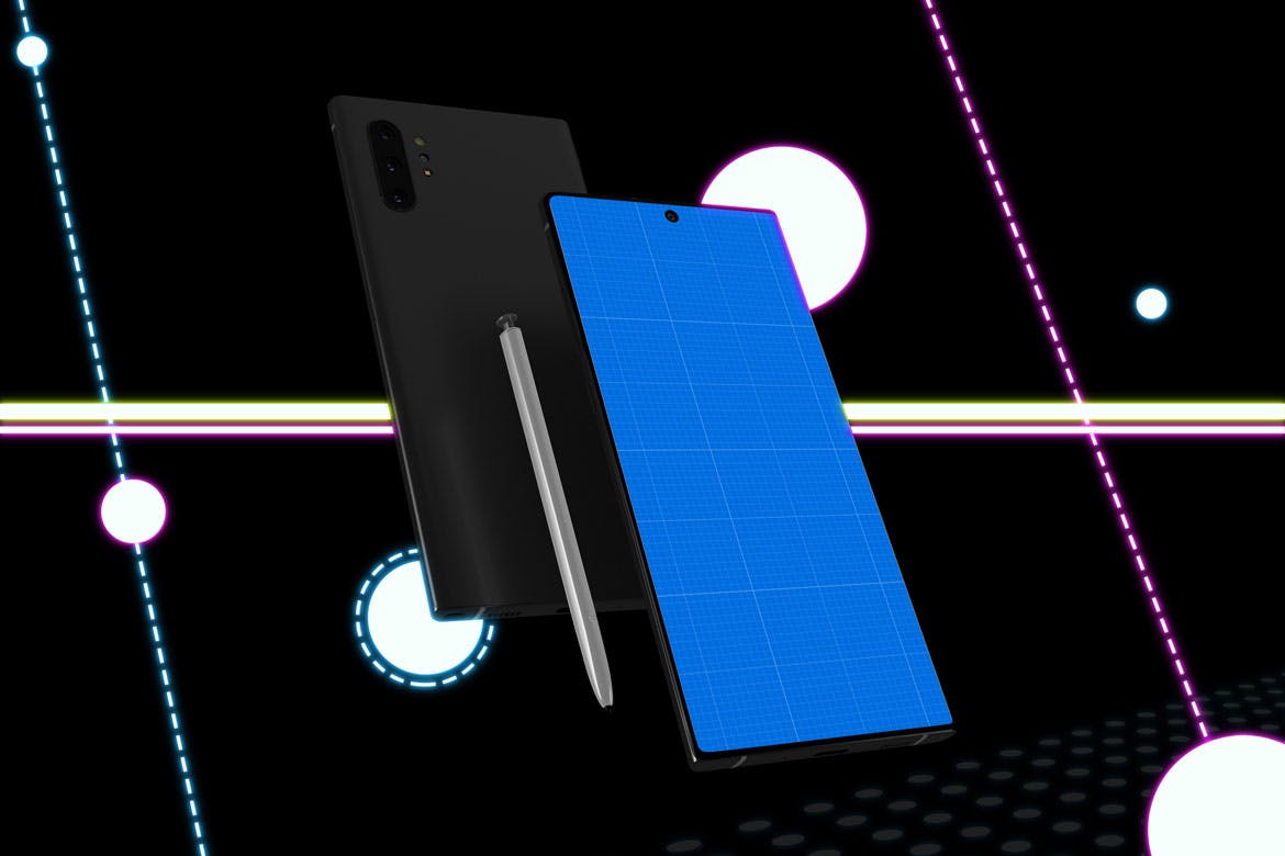 酷黑背景三星智能手机Note 10多角度屏幕预览样机模板 Neon Note 10 MockUp插图(8)