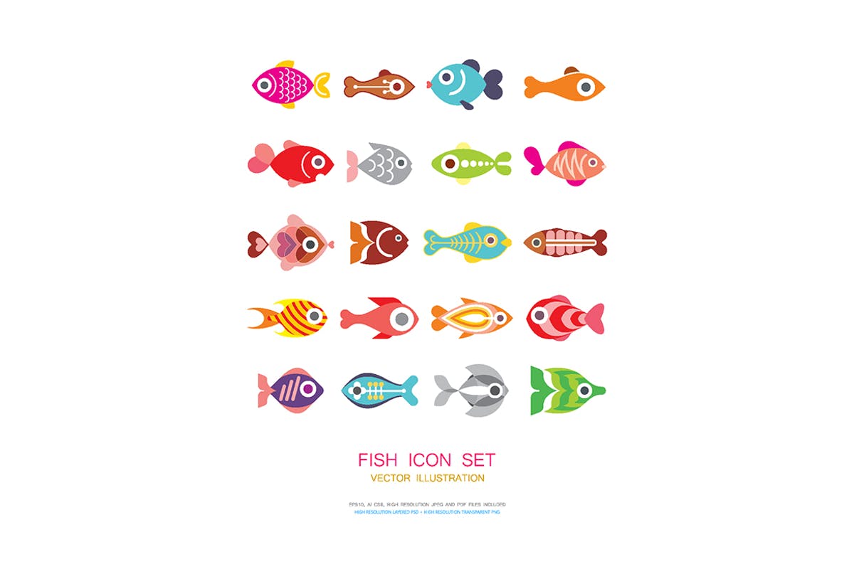 鱼类矢量图标合集 Fish vector icon set插图
