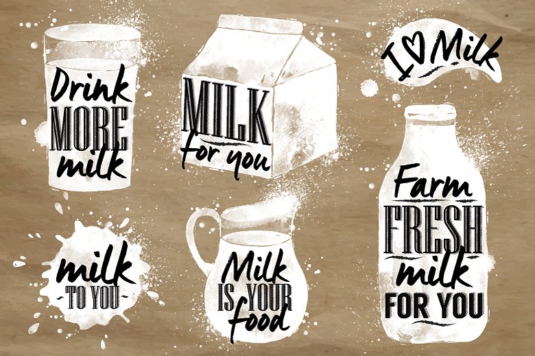 牛奶牛奶瓶牛奶盒子符号手绘插画 Milk symbolic插图
