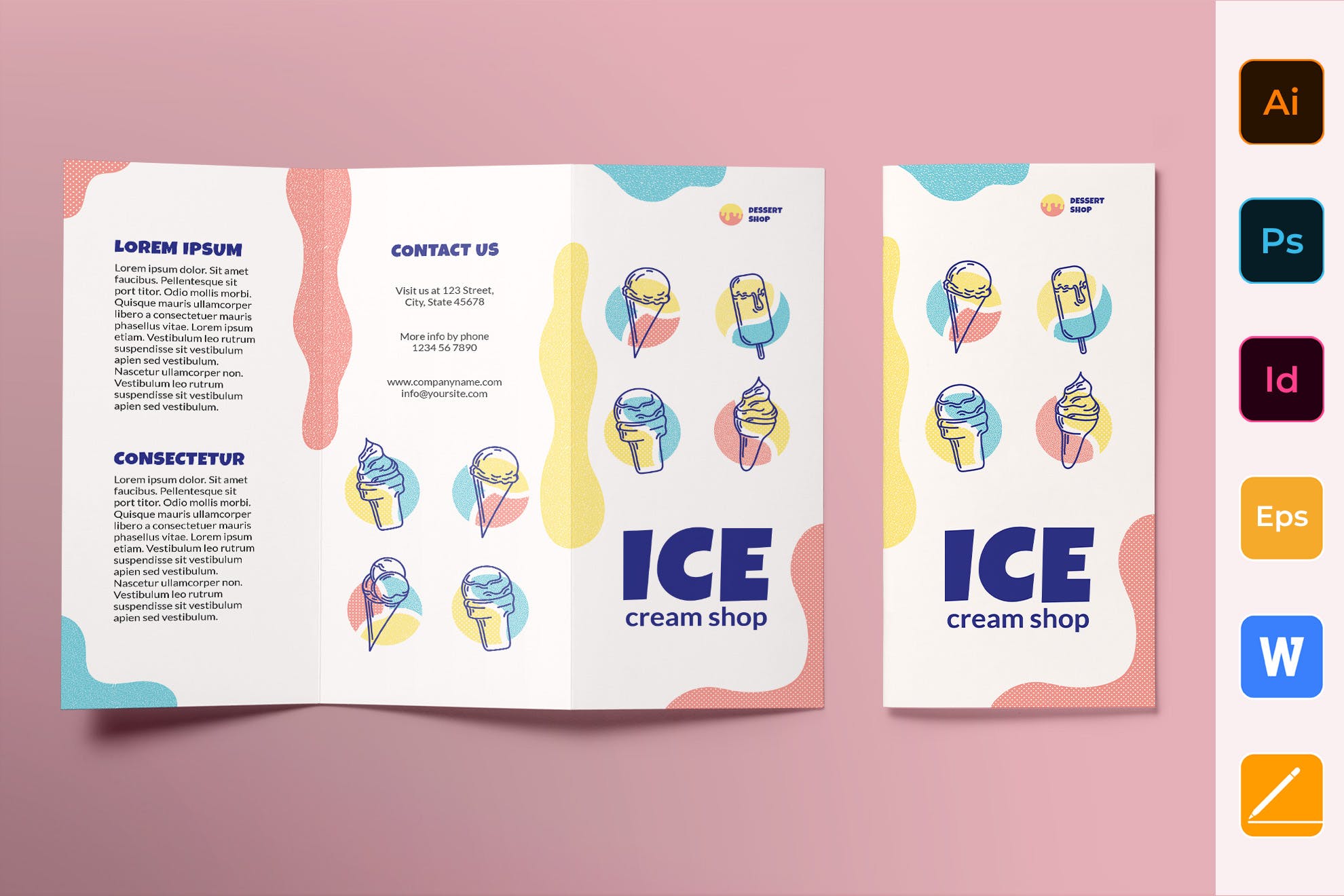 雪糕店三折页传单设计模板 Ice Cream Shop Brochure Trifold插图