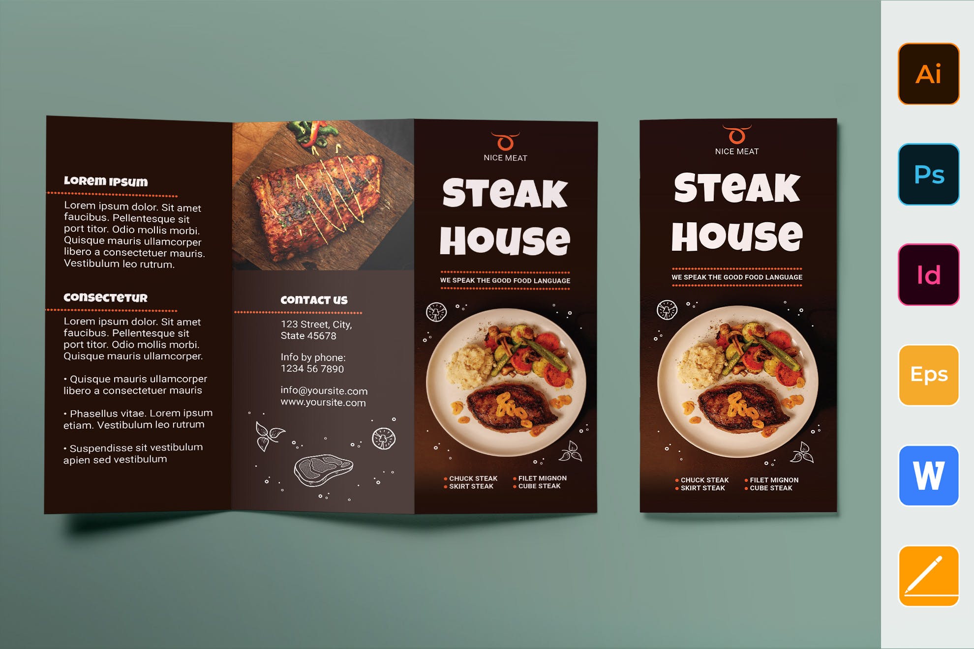 牛排西餐厅三折页设计传单模板 Steak House Brochure Trifold插图
