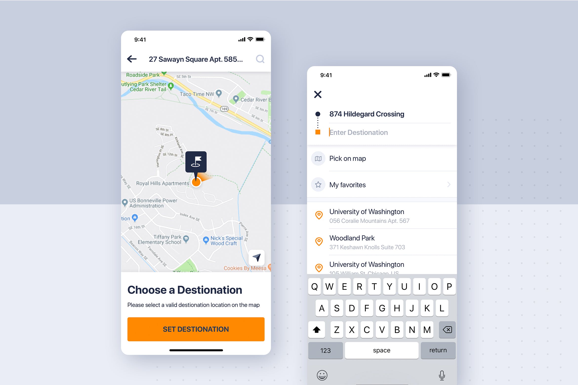 类滴滴打车APP应用地图目的地界面设计模板 Car rental mobile UI Kit – Destination on map插图